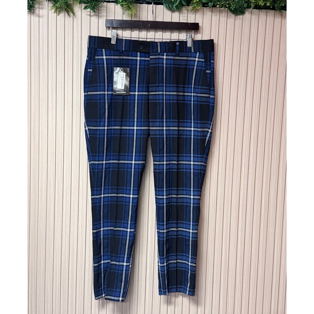 boohooMAN Large Scale Tartan Smart Cropped Trousers Size 36R Plaid